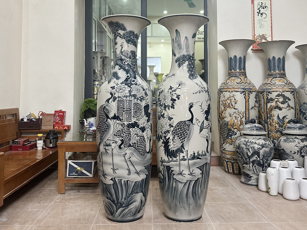 Lọ lộc bình Bát Tràng men chàm cổ Tùng Hạc Ngũ Phúc 1m6 5